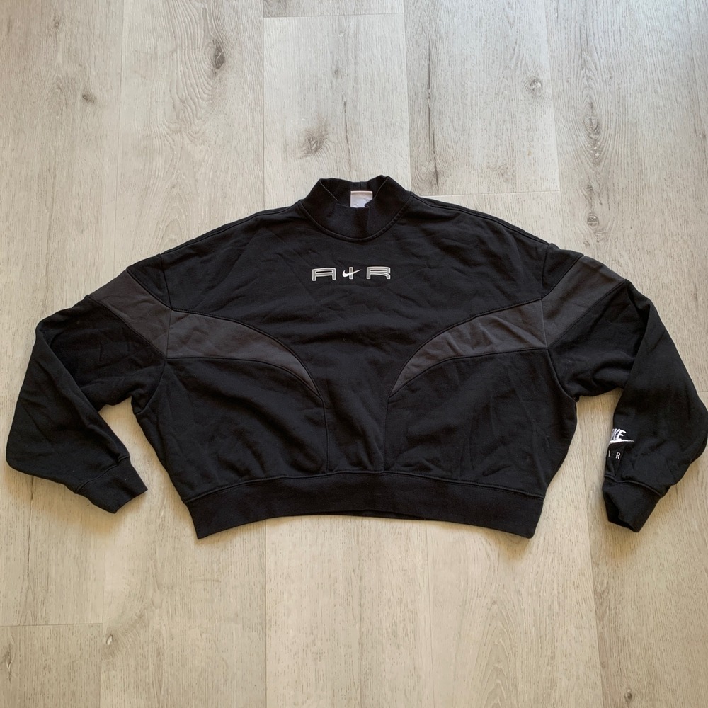 Nike Air Women Black Cropped Mock Neck Sweatshirt Large Sporty Streetwear 2526
